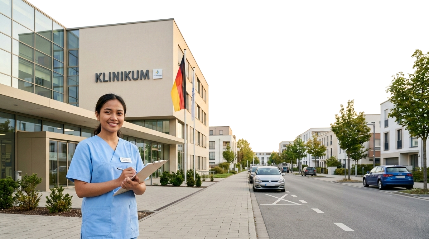 Tenaga kesehatan di depan Klinikum Jerman